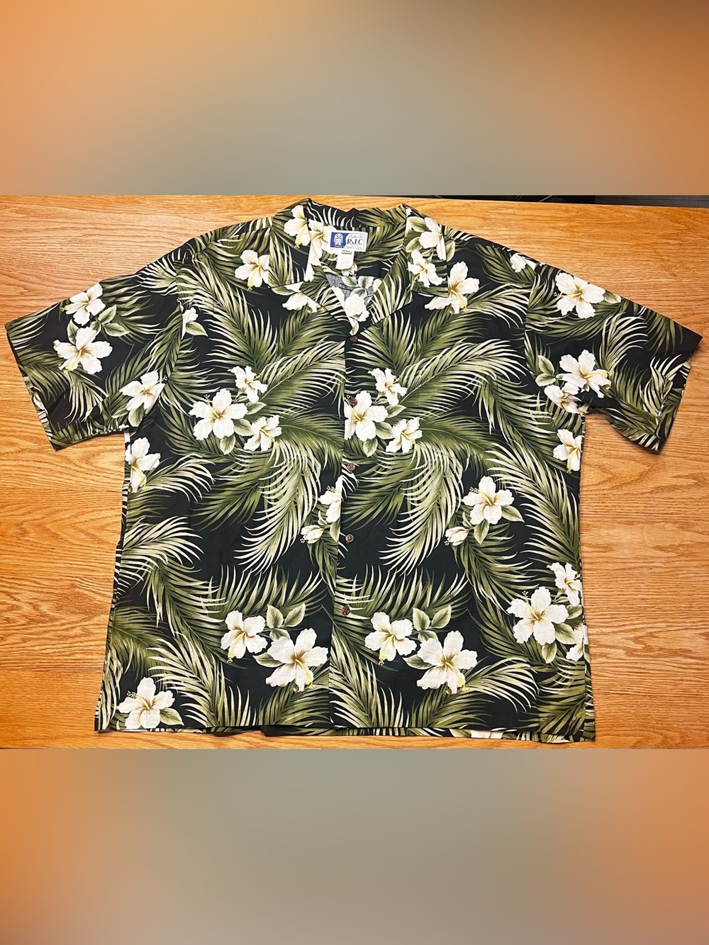 RJC Vintage 90s Black Hawaiian Floral Button Up Shirt - Green & White Print 3XL